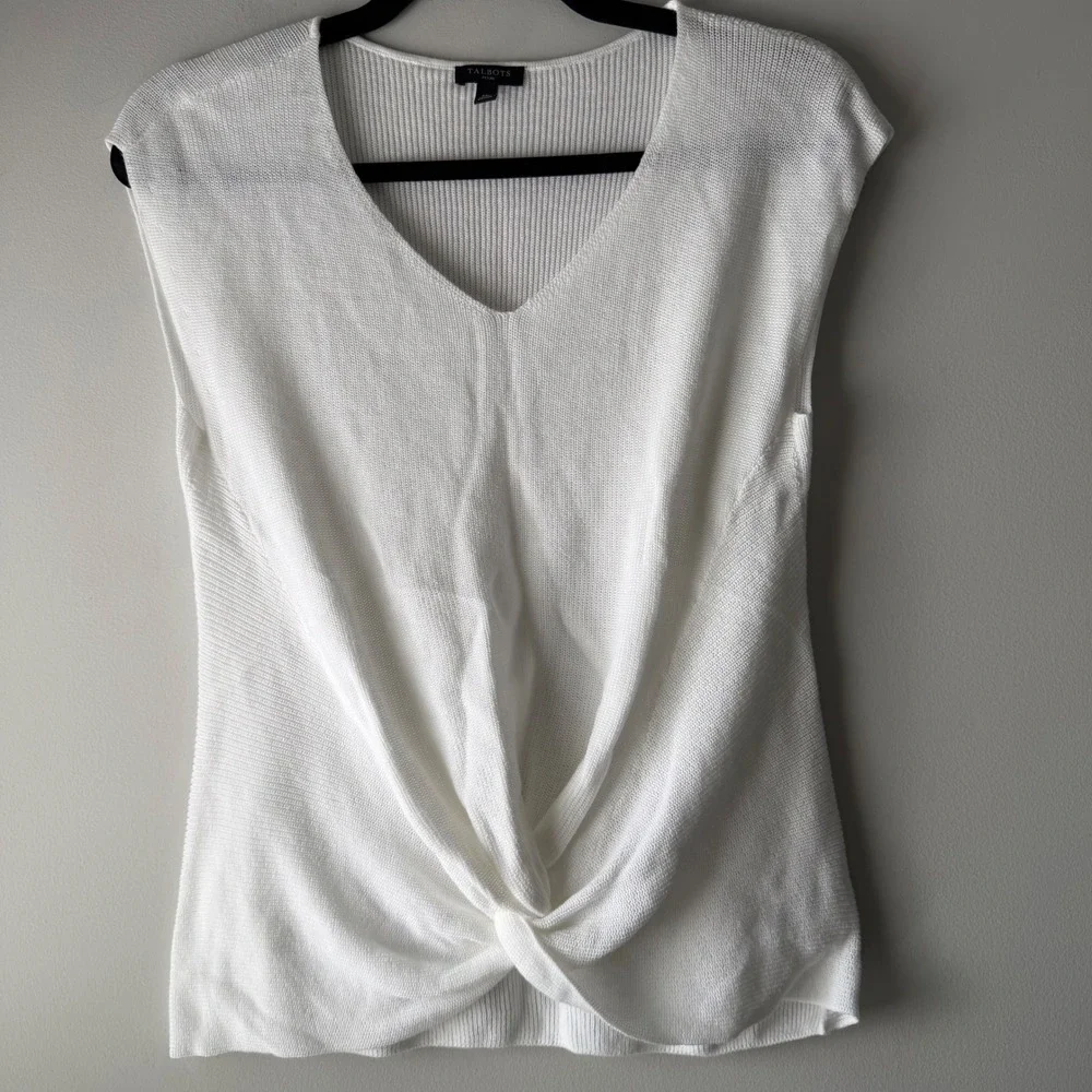 Talbots Twist Front Sweater Shell Womens MP White Excellent V-Neck Cap Sleeve